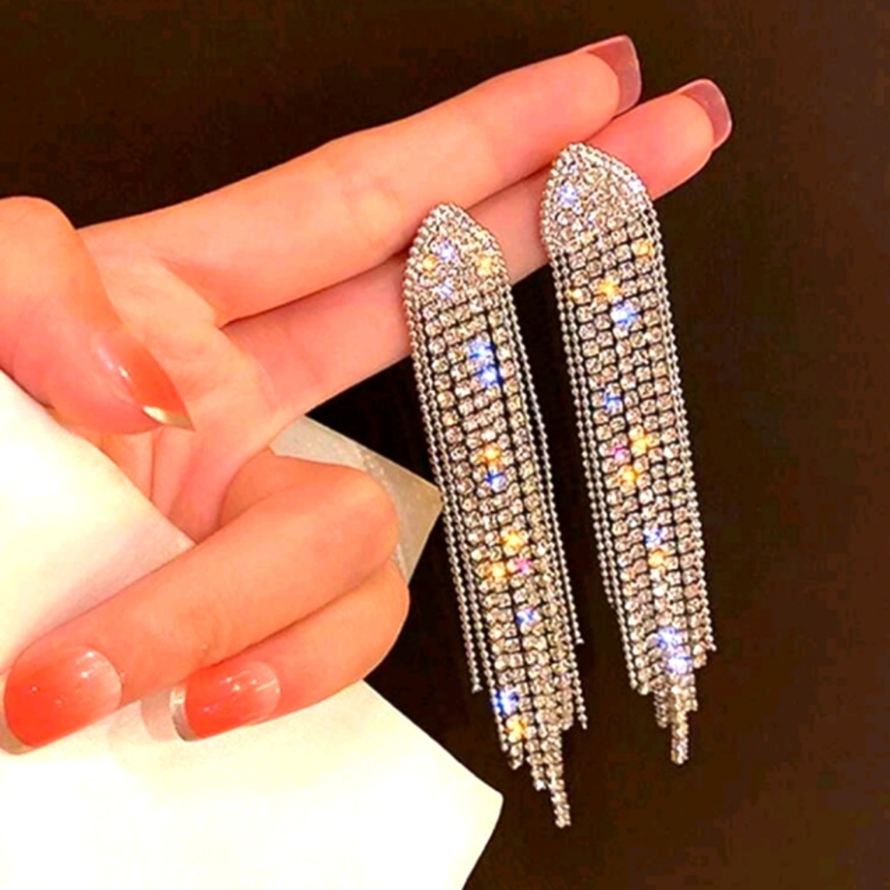 RHINESTONE TASSEL GOLD EARRINGS NEW